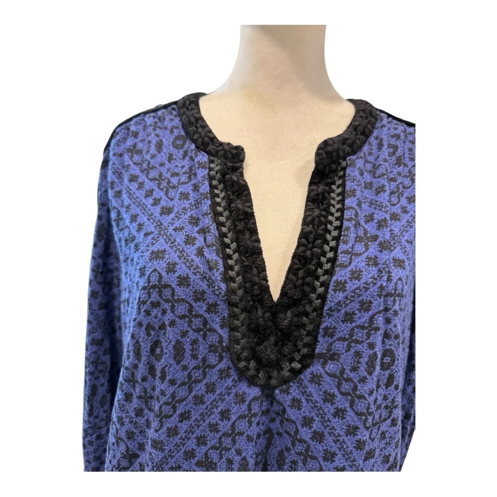 Lucky Brand Navy Blue Boho Print Blouse XL - Black Velvet Neckline - Picture 3 of 5